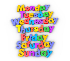 days of the week in colorful letter magnets isolated