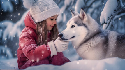 Winter's Delight: Joyful Bond in a Snowy Wonderland between a Husky Dog and a Girl