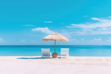 White sand, chairs and umbrella travel tourism wide panorama background concept. Generative AI