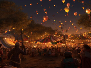 A feast of São João, with many lit balloons from the Festa Junina, around a bonfire at the beginning of dusk
