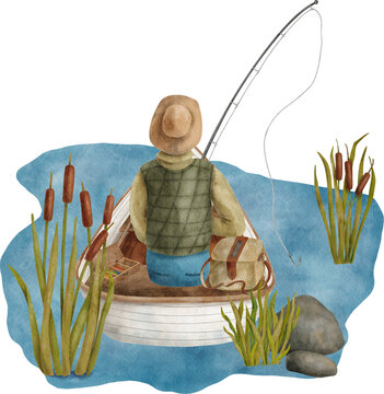 Watercolor Fishing Composition. Hand Drawn Fishing Lure, Landing