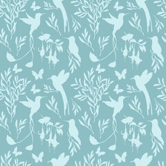 Seamless pattern with flowers and hummingbird 