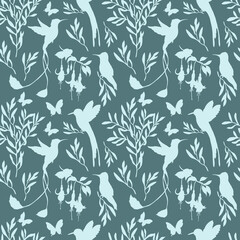 Seamless pattern with flowers and hummingbird  © Mariia
