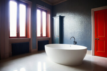 Naklejka na ściany i meble Modern bathroom interior design, white bathtub. Generative AI