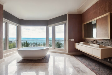 Fototapeta na wymiar Modern bathroom interior design, white bathtub. Generative AI