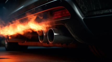 Obraz na płótnie Canvas closeup of sports car exhaust pipes with smoke and fire wallpaper Ai Generative 