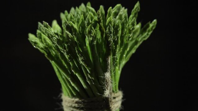 Crisp and Fresh: A visually stunning vibrant green asparagus spears on a black background, capturing their crisp and fresh appearance. coming out from defocus and blurred image to sharp and bright
