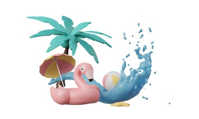 Obraz na płótnie Canvas Summer pink vacation beach with Flamingo inflatable ring isolated on clear png background, Minimal Realistic for Product mock-up or Cosmetics with summer pink theme, inflatable ring. 3d rendering