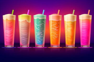 Fototapeta premium 6 Sommer Cocktails / Drinks mit Strohhalm in Neonfarben. Querformat. Generative Ai.