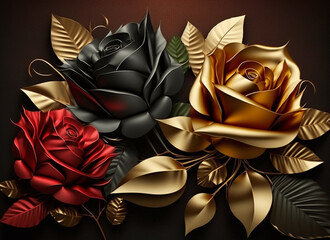 3d wallpaper with golden and black roses on a black background 