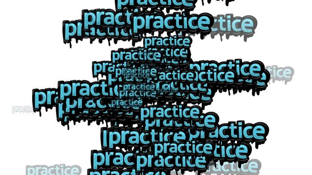 animated video scattered with the words PRACTICE on a white background