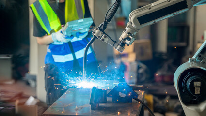 Engineer control robot arm machine welding steel, worker using forcing welding control screen which for precision welding control. Worker control automation welding robot in hi tech heavy factory