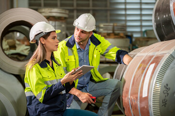 technician Factory mentor teaching apprenticeship  trainee operating machine looking monitors and...