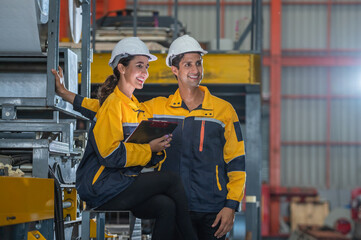 two young engineer assistant in helmet inspection check heavy machine construction installation industrial metal roof roll sheet factory. colleague friend worker point finger check operation factory