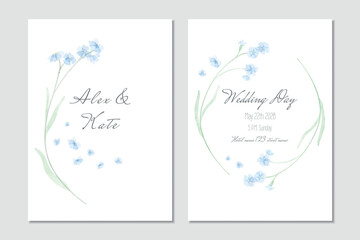 Vector watercolor wedding invitation template with blue forget-me-nots - 604129962
