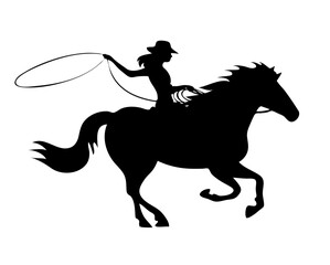 Beautiful cowboy girl in a hat rides a horse. Athletic agile woman swinging rope lasso. Wild West, western, rodeo and horse racing. Vector illustration isolated on white background. Black silhouette