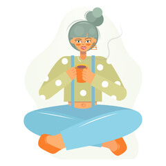 Female character with coffee sits on the floor. A woman drinks coffee in the morning in the lotus position. Vector design with a girl for posters, banners, advertisements.