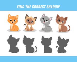 Find correct shadow of cute cats. Educational logical game for kids. Cartoon kitten. Vector illustration