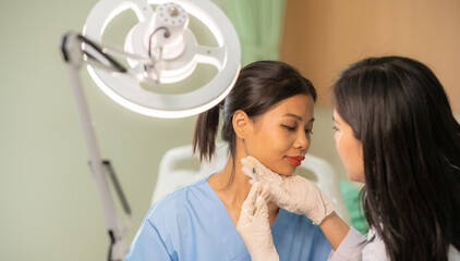 Banner of Woman Doctor Gently use hand syringe careful inject iller Botox liquid through skin...