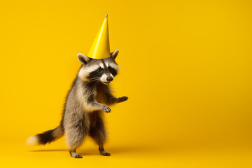 Funny raccoon in yellow cap dances on yellow background. Festive party concept. Generative AI - obrazy, fototapety, plakaty