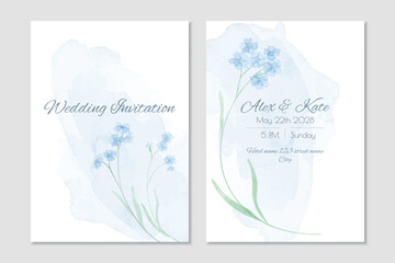 Vector wedding invitation template with blue forget-me-nots and watercolor background