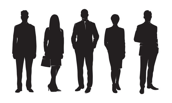 Businessmen and businesswomen, group of people at work. Isolated vector silhouettes