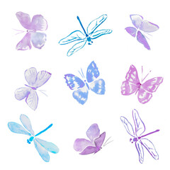 Fototapeta na wymiar Butterflies and dragonflies , colorful butterflies, dragonfly , purple ,insects, pastel butterfly ,purple , pink , blue , watercolor illustration