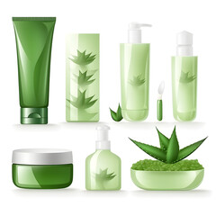 Generative AI, illustrations. Aloe Vera skin care product covered by succulent leaves.