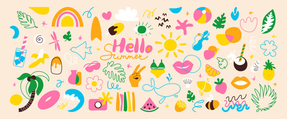 Summer doodle objects and abstract shapes modern collection. Various hand drawn tropical leaves, cold drinks, fruits, beach elements. Hello summer. Vector illustration