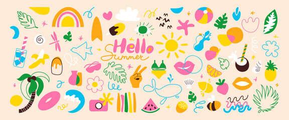 Summer doodle objects and abstract shapes modern collection. Various hand drawn tropical leaves, cold drinks, fruits, beach elements. Hello summer. Vector illustration © ugguggu
