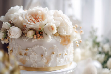 Cream wedding cake decorated with real flowers. Generative AI illustration