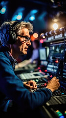 Fototapeta premium Television cameraman with a camera. A man managing television equipment, an interview. Live broadcast. Generative AI