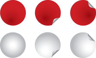 Set circle adhesive symbols. White tags, paper round stickers with peeling corner and shadow, isolated rounded plastic mockup, realistic red round paper adhesive sticker mockup