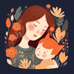 Happy Mother holding baby surrounded by flowers. Mother hugs her child, motherhood. Scandinavian flat style. Concept of mothers day