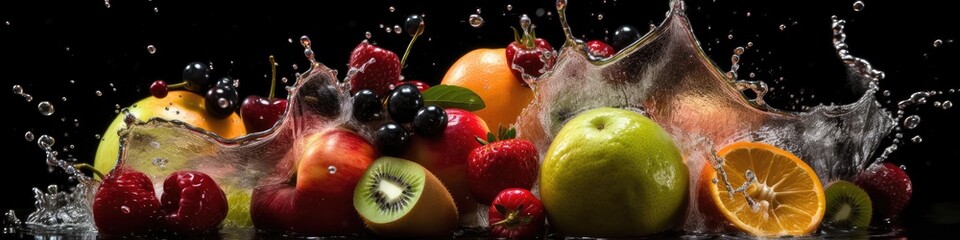 Fototapeta na wymiar Wide Assortment of fresh fruits and water splashes on black background