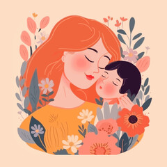 Happy Mother holding baby surrounded by flowers. Mother hugs her child, motherhood. Scandinavian flat style. Concept of mothers day