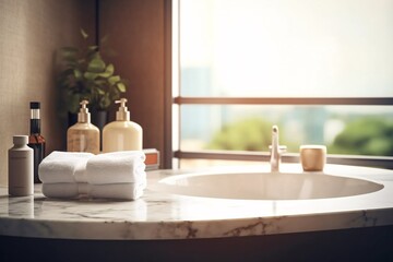 Obraz na płótnie Canvas Bathroom interior. Empty marble table top for product display with bathroom interior background. Podium for your product. Generative ai.
