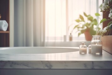 Obraz na płótnie Canvas Bathroom interior. Empty marble table top for product display with bathroom interior background. Podium for your product. Generative ai.