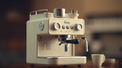 Modern coffee machine with cup on beige background Generative AI