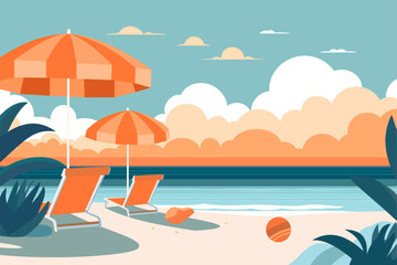 Beautiful landscape of the beach. Hotel beach. Sun loungers on the beach. Scenery. Beautiful seascape. Banner. Sea holiday. Vector illustration