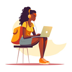 girl in headphones sits on a chair and works on a laptop while listening to music. Work or freelancing. A young woman is studying. Freelancer lifestyle. Home schooling. Vector illustration in a flat