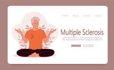 Meditation concept web template. An elderly man meditates in nature. The practice of meditation can help reduce the symptoms of multiple sclerosis.