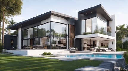 Luxury modern villa, cozy house, real estate, generative ai
