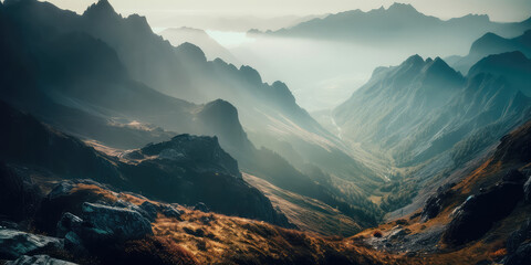 Misty illustration of a mountain range in fog, creating a majestic atmosphere. Generative AI