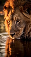 A lion drinking water from a lake