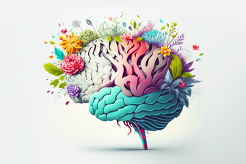Human brain with spring colorful flowers. Concept of mental health, self care, happiness, harmony, positive thinking, creative mind. Generative ai.