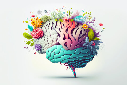 Human brain with spring colorful flowers. Concept of mental health, self care, happiness, harmony, positive thinking, creative mind. Generative ai.