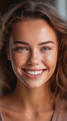 Obraz premium Close up shot of a gorgeous young lady smilling to the camera, white teeth ai, ai generative, illustration