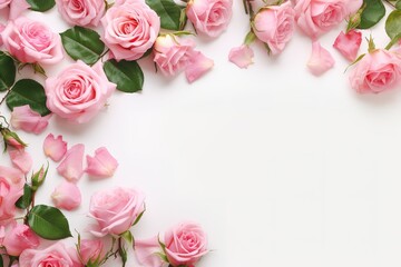 Decorative web banner. Close up of blooming pink roses flowers and petals isolated on white table background. Floral frame composition. Empty space, flat lay, top view - obrazy, fototapety, plakaty