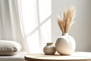 Modern white ceramic vase with dry grass on wooden table. Scandinavian interior. Empty white wall,...